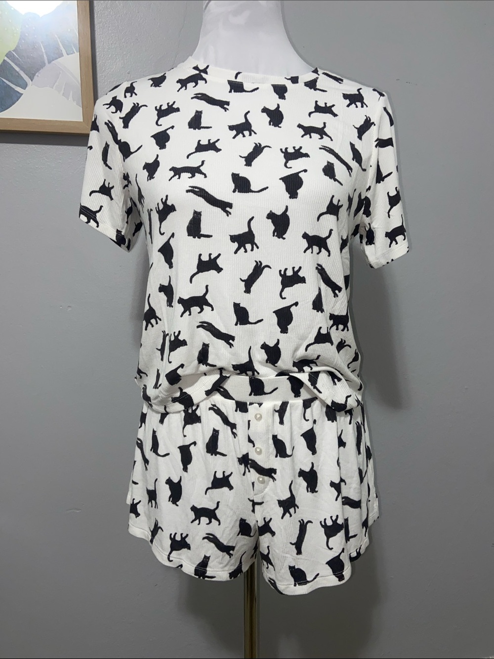 Overslept by Aerie black cat ribbed boxer and baby tee set